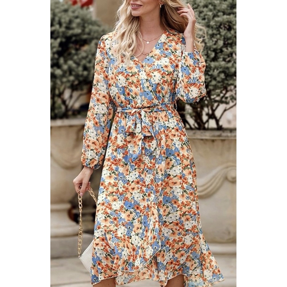 Pretty Garden Faux Wrap Floral Dress XL Midi V Neck Ruffles Tie Belt Orange Boho